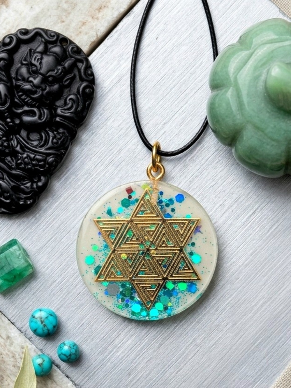Beautiful Blue Green Holographic Glitter Sacred Geometric Copper Star Necklace